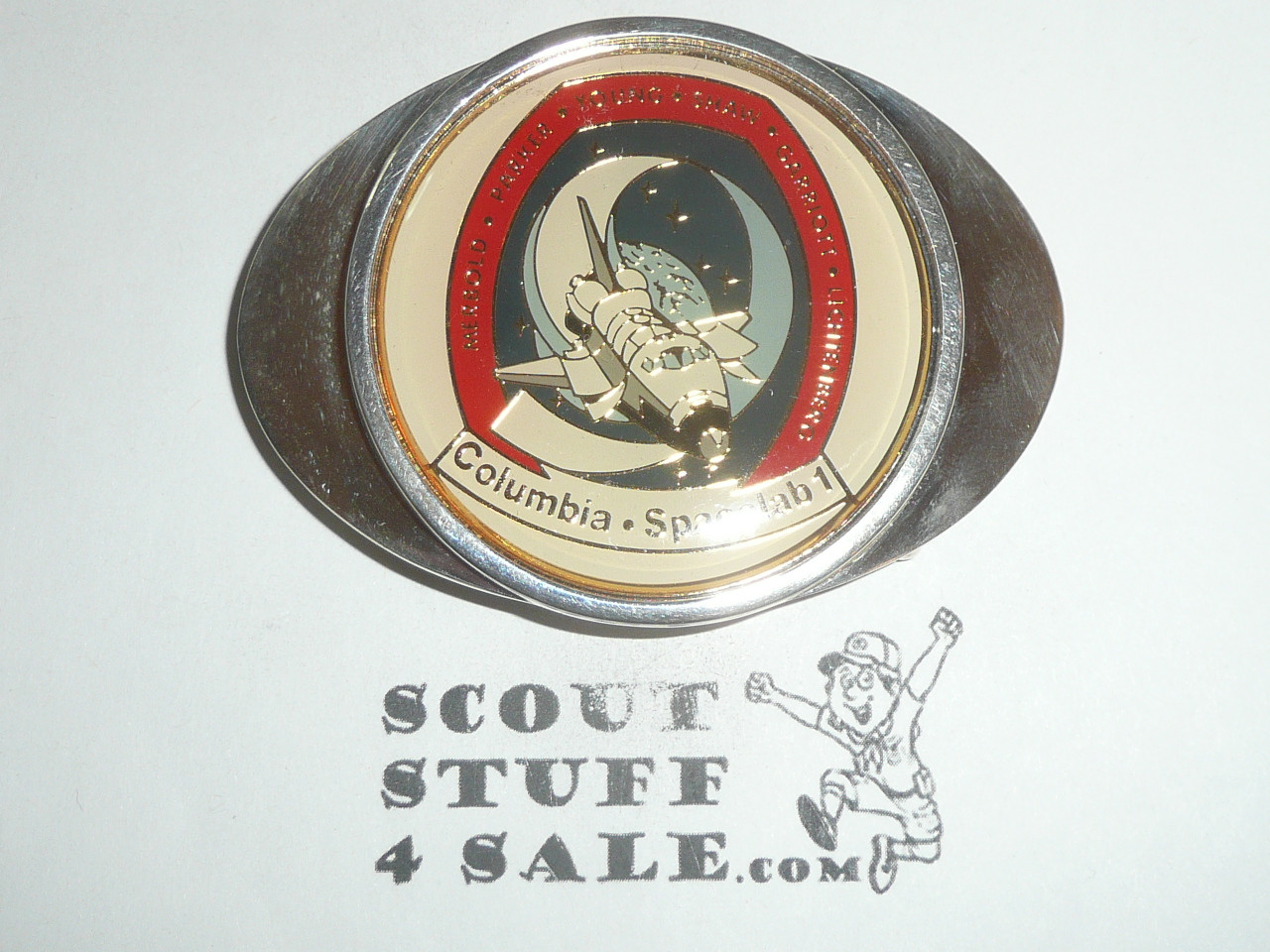 Space Shuttle Columbia Mission STS-9 (Nov 1983 Spacelab 1) Silver Plate Belt Buckle, NASA, New in Bag