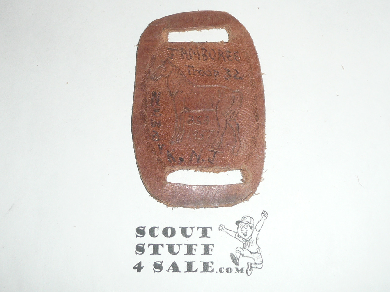 1957 National Jamboree Troop 32 Leather Neckerchief Slide