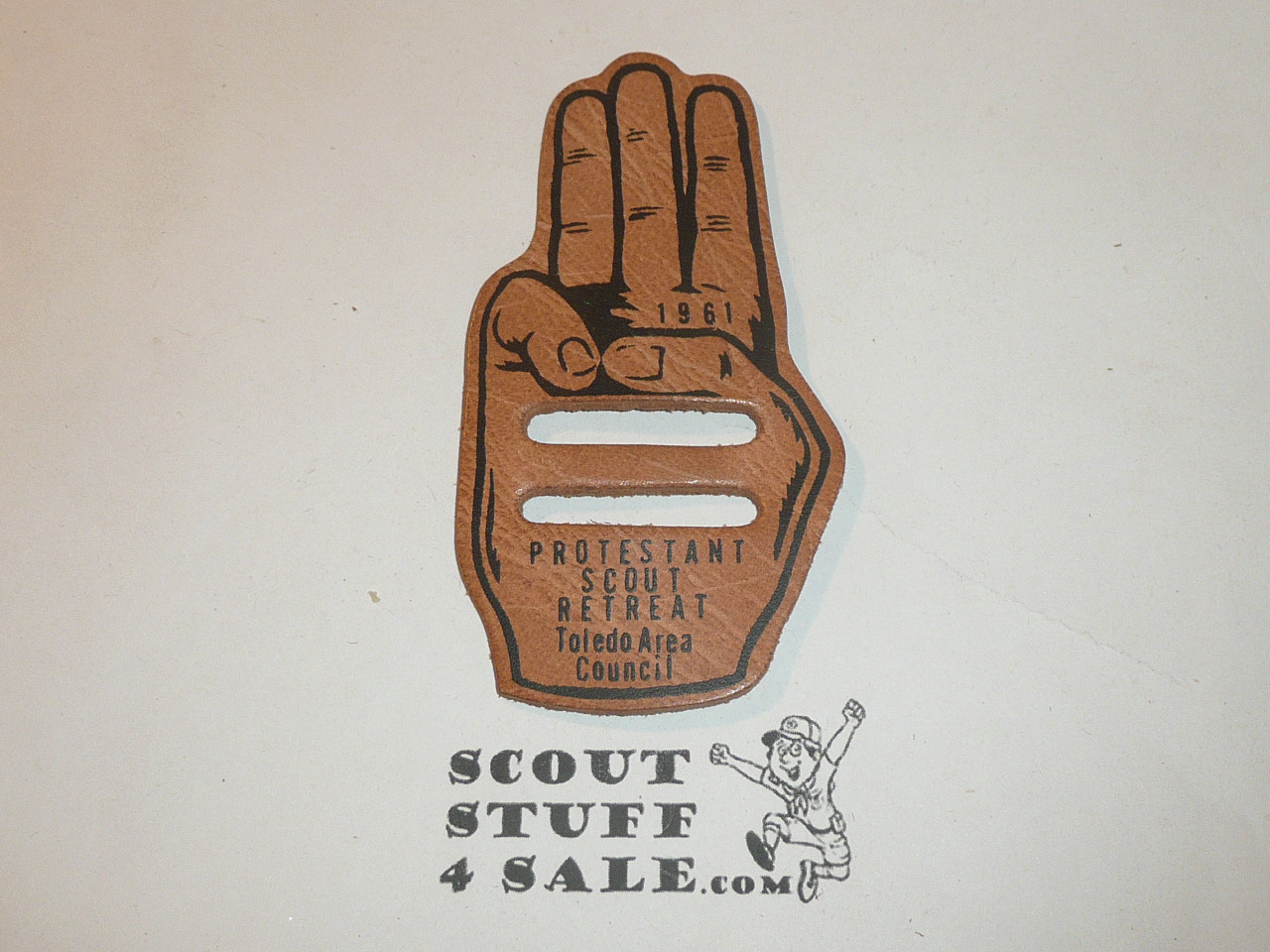 1961 Toledo Area Council Protestant Scout Retreat Leather Neckerchief Slide