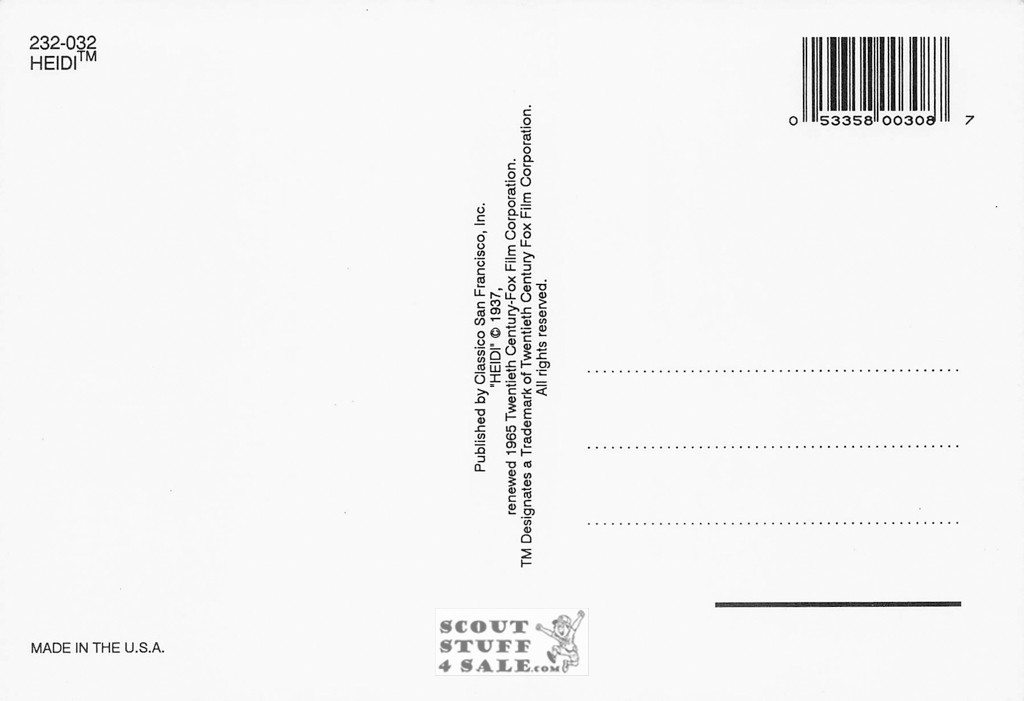 Shirley Temple in Heidi Postcard by Classico San Francisco #232-032