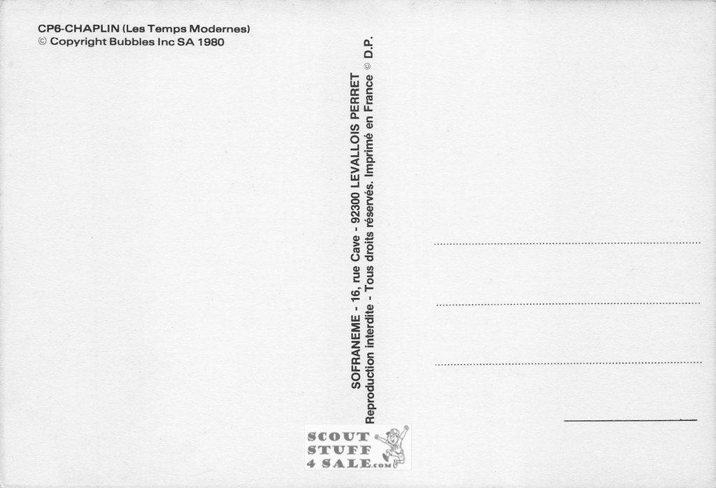 Charlie Chaplin Black/White French Movie Postcard, Sofraneme #CPS6