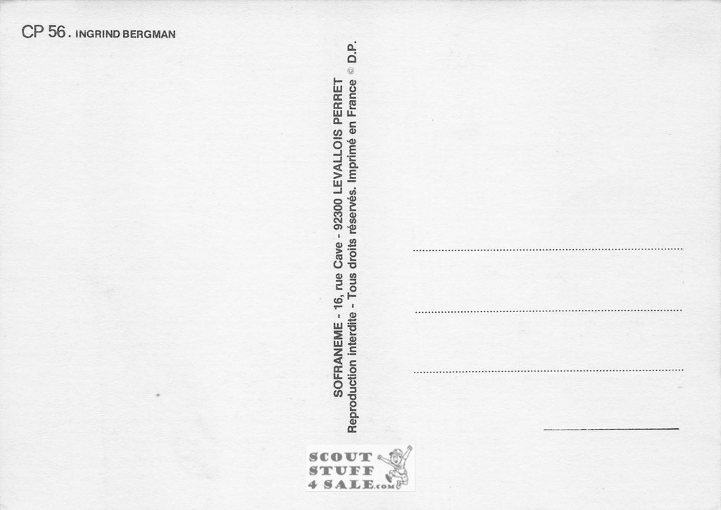 Ingrind Bergman Black/White French Movie Postcard, Sofraneme #CPS56