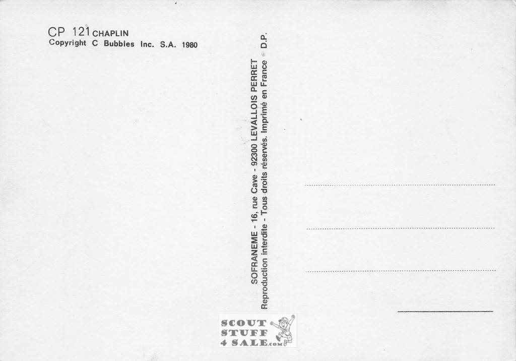 Charlie Chaplin Black/White French Movie Postcard, Sofraneme #CPS121