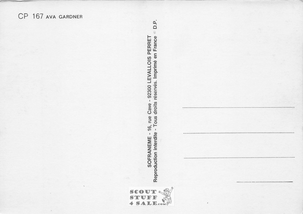 Ava Gardner Black/White French Movie Postcard, Sofraneme #CPS167