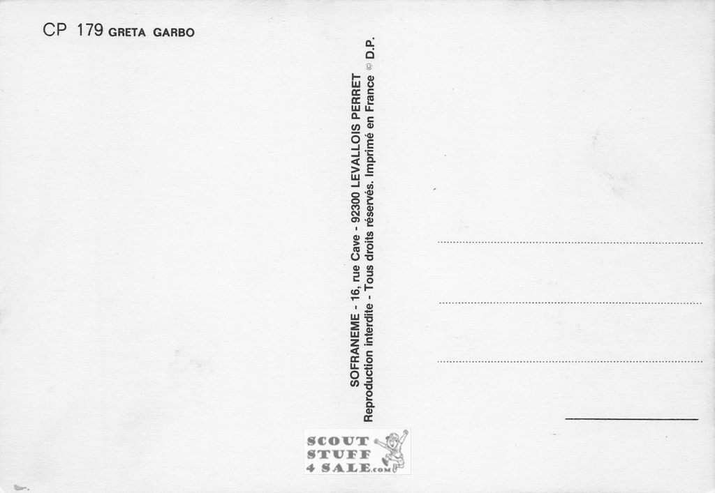 Greta Garbo Black/White French Movie Postcard, Sofraneme #CPS179