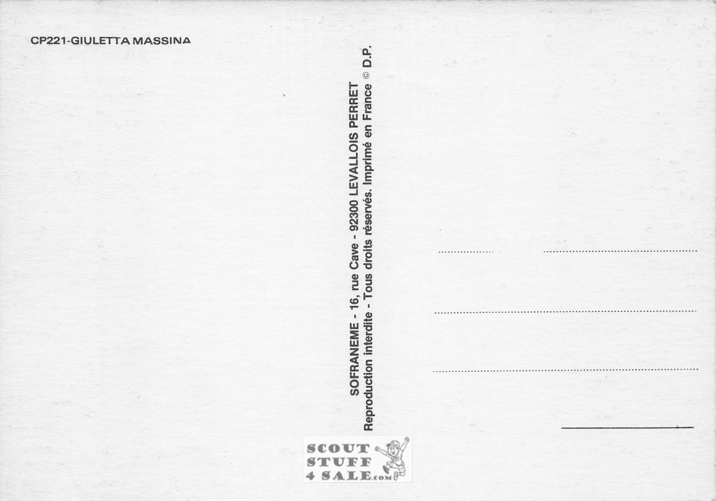 Giuetta Massina Black/White French Movie Postcard, Sofraneme #CPS221