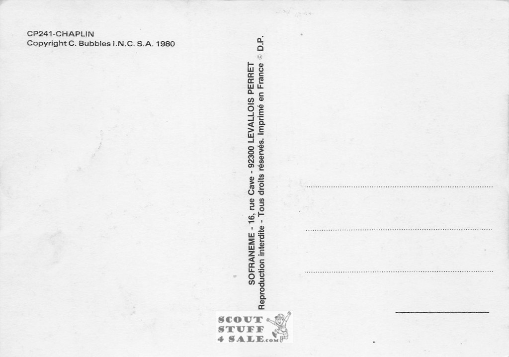 Charlie Chaplin Black/White French Movie Postcard, Sofraneme #CPS241