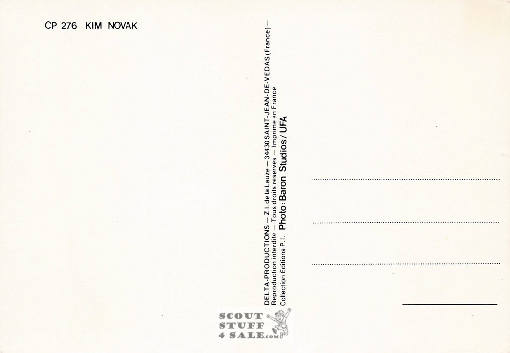 Kim Novak Black/White French Movie Postcard, Delta Productions #CPS276