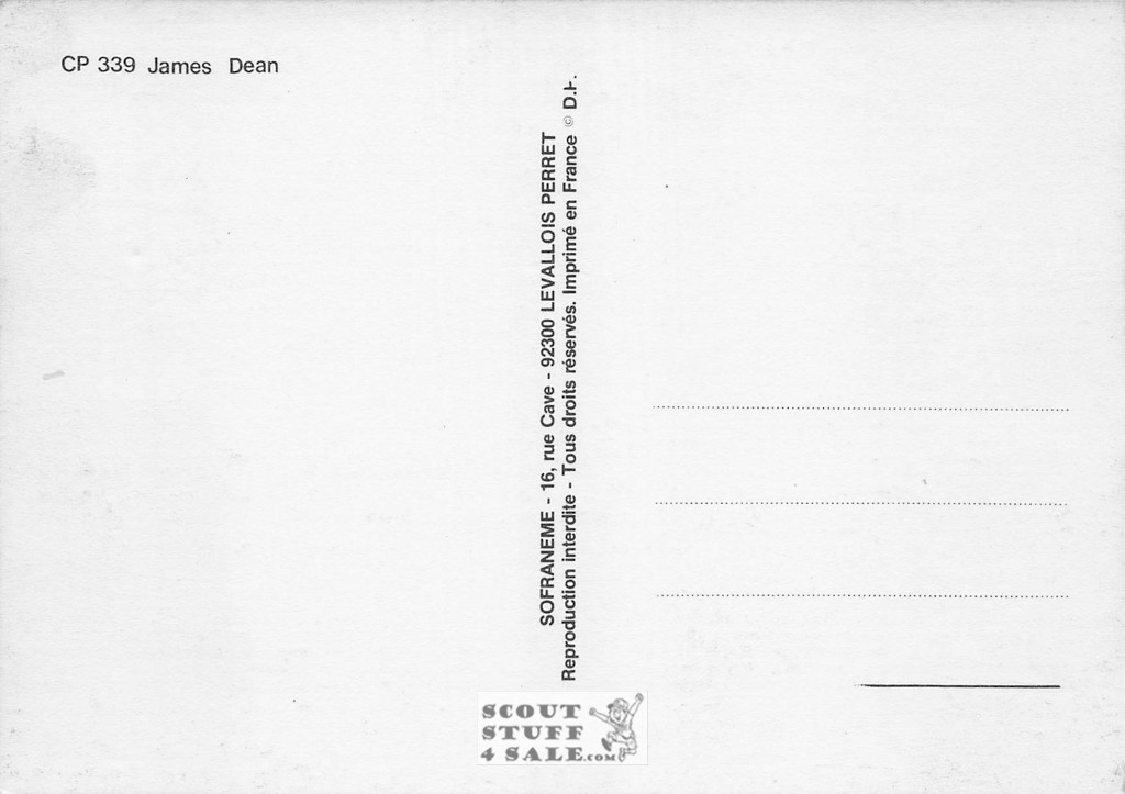 James Dean Black/White French Movie Postcard, Sofraneme #CPS339