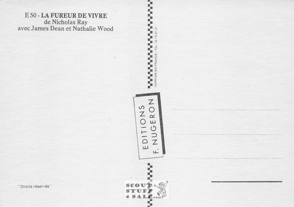 Rebel Without a Cause French Movie Poster Postcard, James Dean, Nugeron #E50