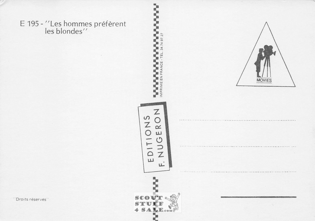 Gentlemen Prefer Blondes French Movie Poster Postcard, Editions Nugeron #E195