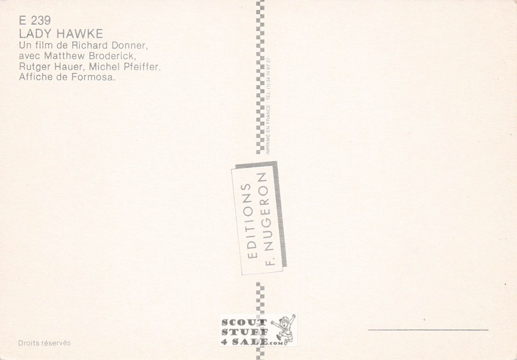 Ladyhawke French Movie Poster Postcard, Matthew Broderick, Editions Nugeron #E239