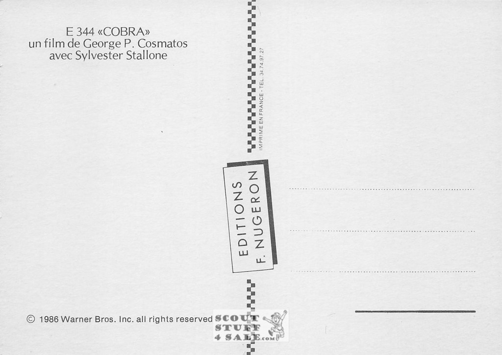 Cobra French Movie Poster Postcard, Sylvester Stallone, Editions Nugeron #E344