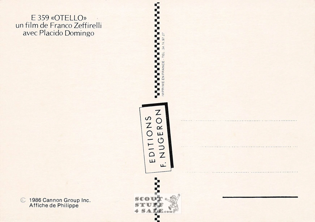 Otello French Movie Poster Postcard, Placido Domingo, Editions Nugeron #E359