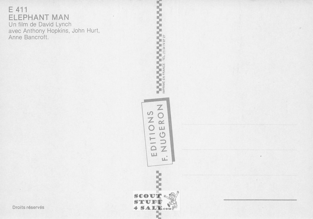 Elephant Man, French Movie Poster Postcard, Anthony Hopkins, Nugeron #E411