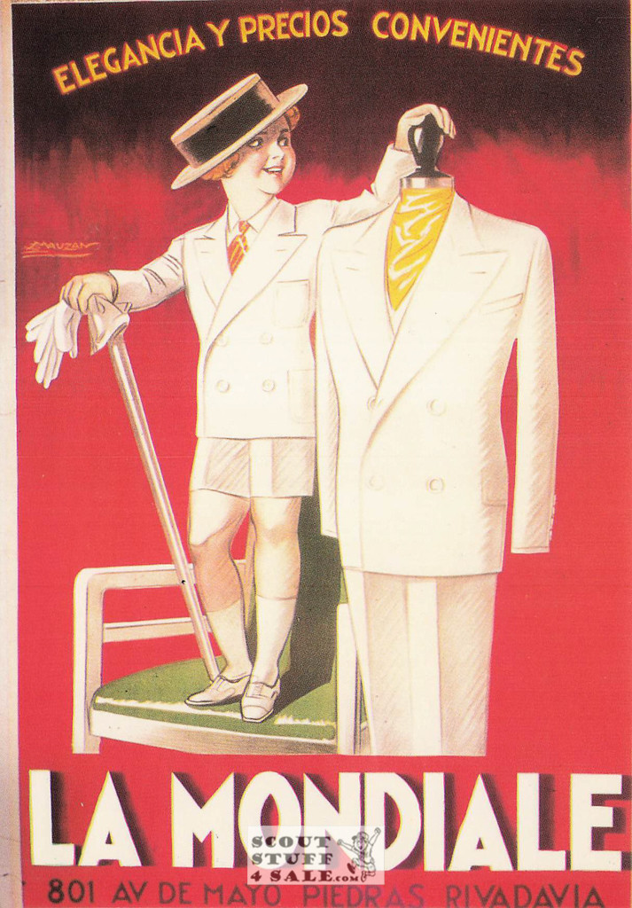 French Postcard of 1930 ad for La Mondiale Clothing Store by Mauzan, Nugeron #J70