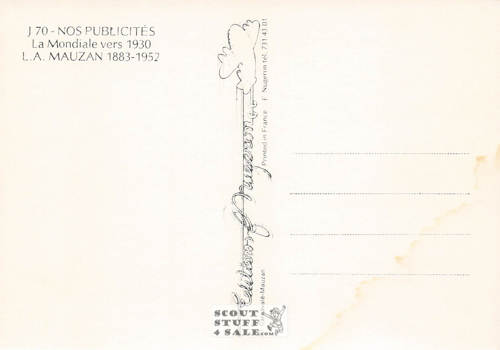 French Postcard of 1930 ad for La Mondiale Clothing Store by Mauzan, Nugeron #J70