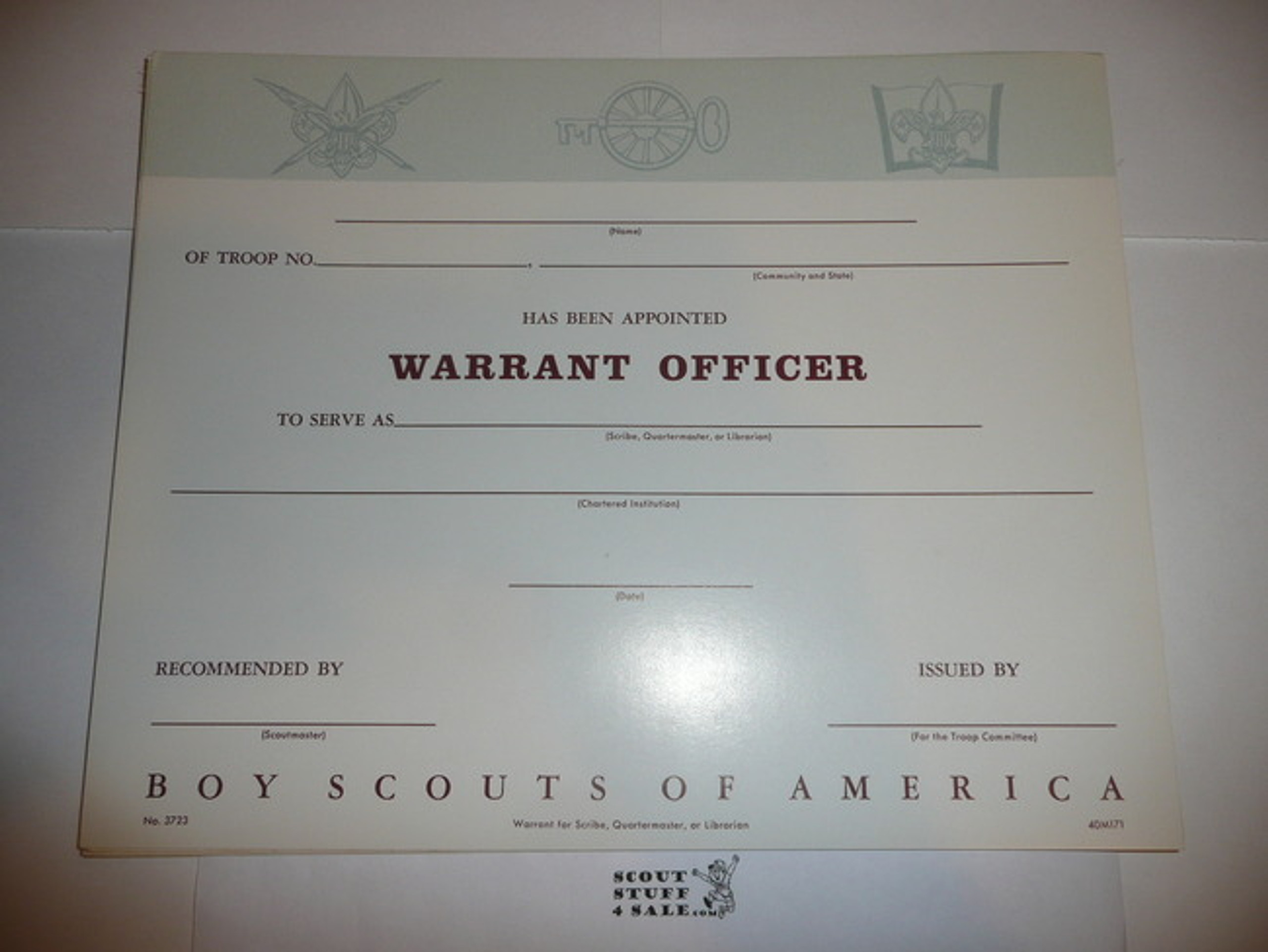 1959 70 Warrant Officer (Scribe Quartermaster librarian) Certificate blank