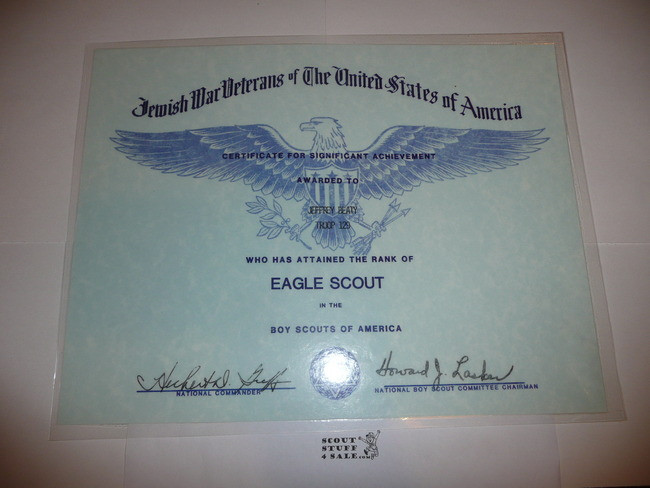 1970's Jewish War Veterans of the USA certificate for Eagle Scout