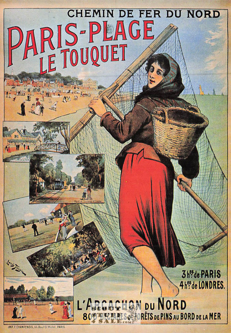 1900's French Travel Promotion Poster on Postcard, Plage Le Touquet, Nugeron #R63
