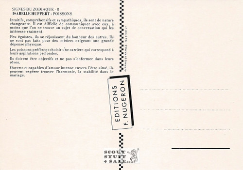 Zodiac Series on Postcards in French, Pisces-Isabelle Huppert, Editions Nugeron #ZODIAC8