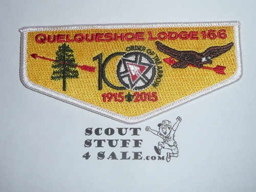 Order of the Arrow Lodge #166 Quelqueshoe 2015 OA 100th Anniversary Flap Patch, White Bdr