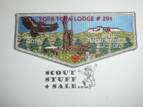 Order of the Arrow Lodge #291 Topa Topa 2018 Memorabilia Auction Flap Patch, silver mylar bdr