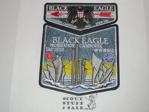 Order of the Arrow Lodge #482 Black Eagle 2022 Normandy Camporee 2-piece Flap Patch Set