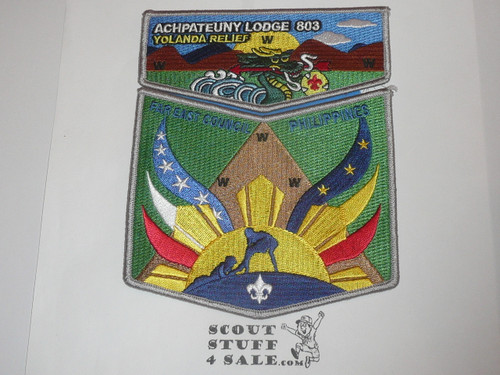 Order of the Arrow Lodge #498 Achpateuny 2015 Hurricane Yolanda Relief Fundraiser 2-piece Flap Patch Set, yellow bdr