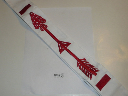 1970's Embroidered On Twill Vigil Order of the Arrow Sash, Single Row Stitched Edge, Mint Unused Condition, long 31"