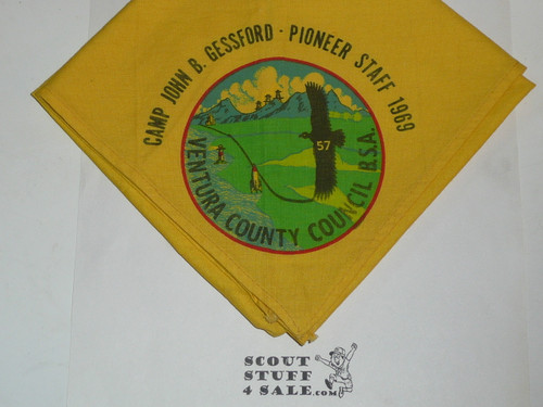Camp John B. Gessford Pioneer Staff Neckerchief, Ventura County Council, 1969, lt use