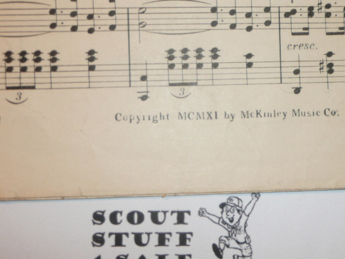 1911 The Boy Scouts March Sheet Music, by Ella V. Herman, shows wear