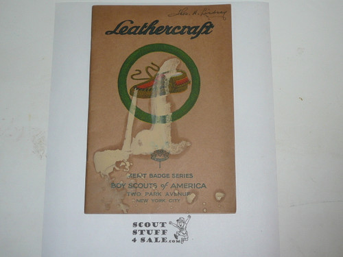 Leathercraft Merit Badge Pamphlet, Type 3, Tan Cover, 4-34 Printing, paint on cover