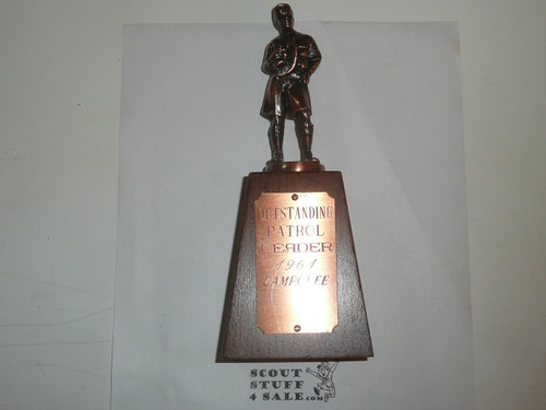 1960s mckenzie Boy Scout Trophy on wood stand, Copper finish