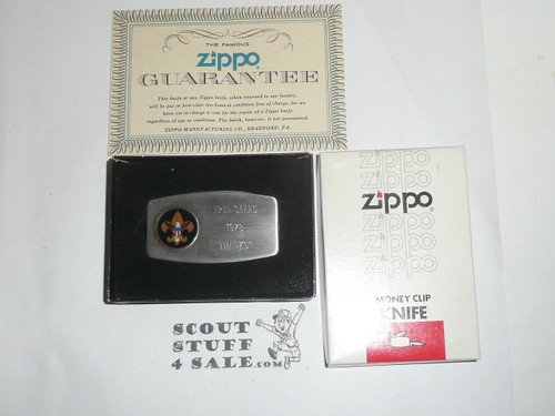 1978 Zippo Knife/File with money clip back, 1978 Tree Sale Thank You Engraved with Boy Scout Emblem, Mint in Box, Made by Zippo Lighter Company