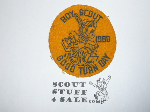 Goodwill Industries Boy Scout Good Turn Day Patch, Gold Felt, boy in wheel chair, 1960, lite use