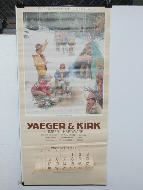 1988 Boy Scout Wall Calendar, Full Size, A Winter Camping Scene by Joseph Csatari, 16" x 34", only Dec page, #P80