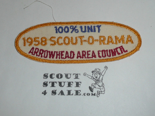 Arrowhead Area Council Scout-O-Rama 100% Unit Patch, 1958