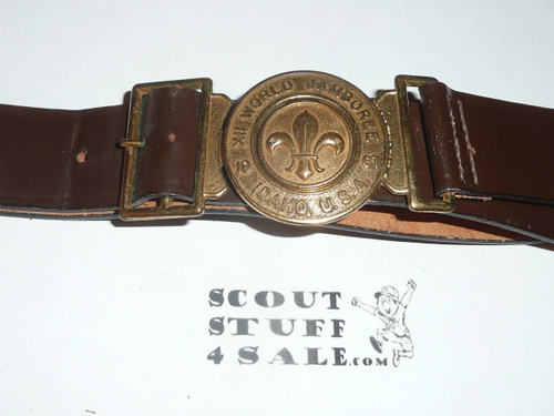 1967 Boy Scout World Jamboree Official Leather Belt with Brass Buckle, size 32, Lite use
