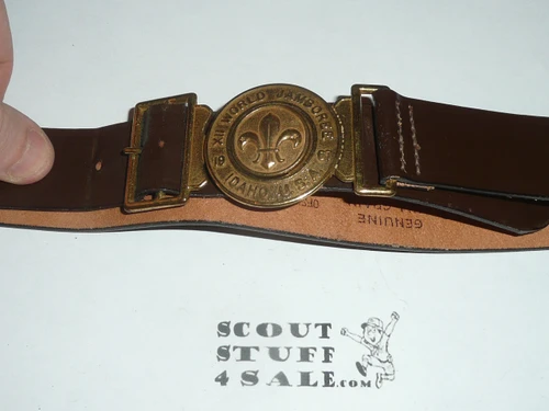 1967 Boy Scout World Jamboree Official Leather Belt with Brass Buckle, size 32, Lite use