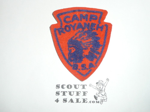 Camp Royaneh Felt Patch, San Francisco Bay Area Council, Arrowhead shaped orange felt with blue flocking, MINT