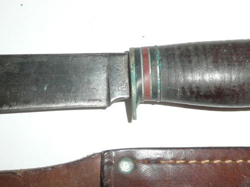 Boy Scout Sheath Knife with leather Sheath, Manufactured by Remington (RH51), used but emblem still visible on blade