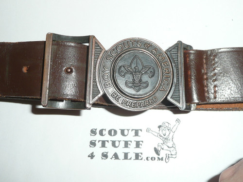 1960's Official Boy Scout Leather Belt with bronze buckle, 28" waist, lite use