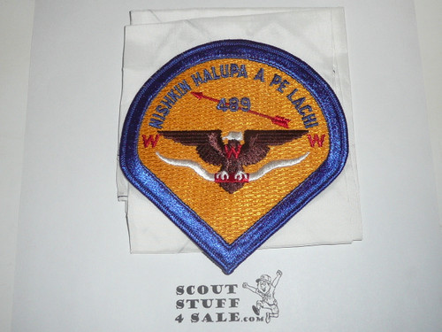 Order of the Arrow Lodge #489 Nishkin Halupa A Pe Lachi p1c Pie Neckerchief Patch, MINT on white neckerchief