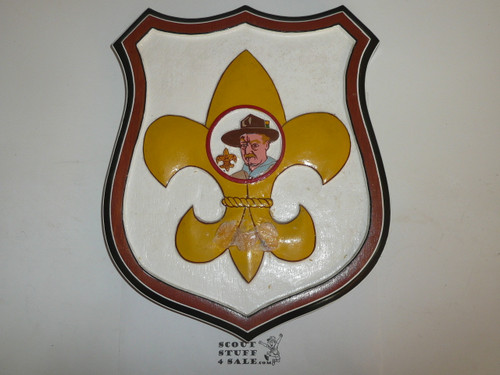 Carved Wood Baden Powell / Scout Emplem Wall Decoration, 9" x 11 3/4", A little glue residue from a brass plate being attached