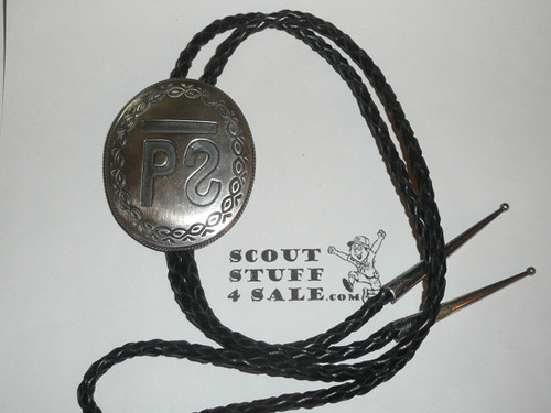 Philmont Scout Ranch,STERLING Silver Philmont Brand Bolo tie with braided leather cord and silver tips