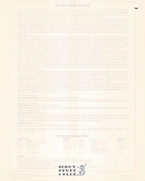 Tears for Fears 8x10" English Poster by Editions Nugeron #PA376, hole punched in corner
