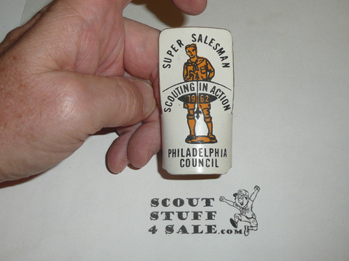 1962 Philadelphia Council Scouting in Action Super Salesman Leather Neckerchief Slide