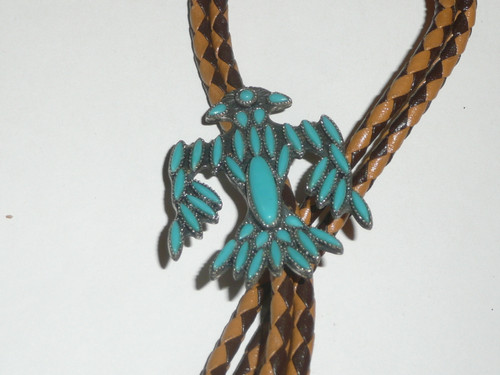 Thunderbird with Turqoise Bolo Tie with Braided Leather cord, Southwest Styling