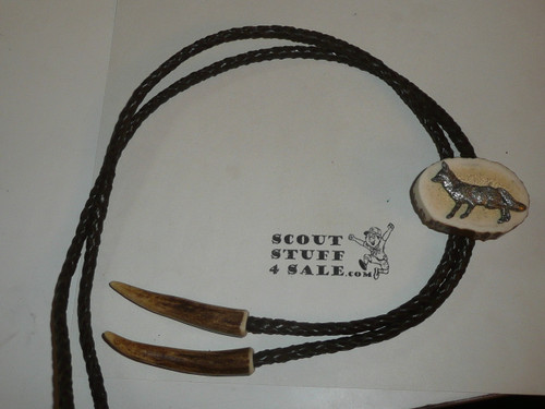 Metal Fox on Antler Bolo Tie with braided leather cord and antler ends